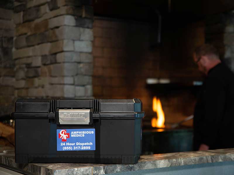 Amphibious Medics gear kit with medicalsupplies at a restaurant